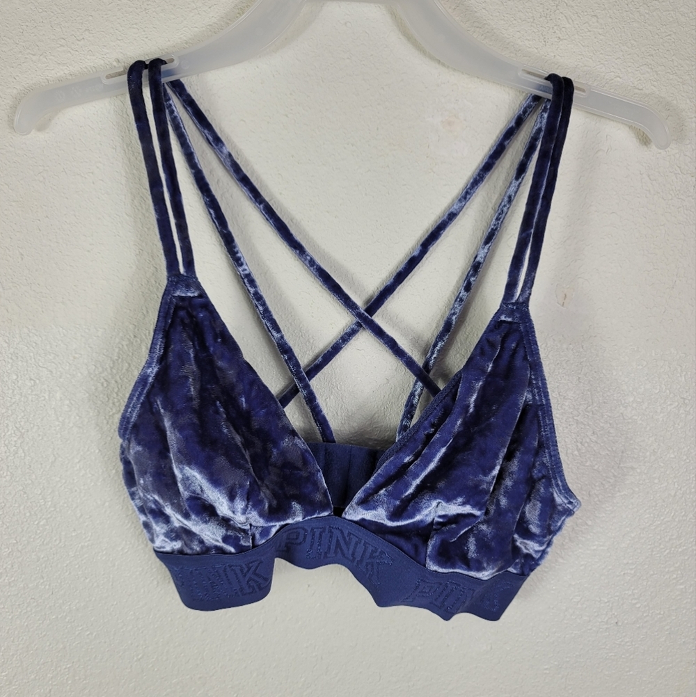 Victoria's Secret PINK Bralette Sz XS Purple Blue Velvet Logo Triangle Strappy